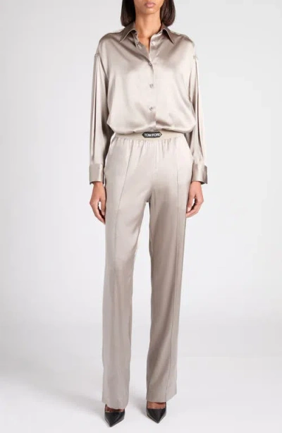 Tom Ford Relaxed Fit Stretch Silk Satin Blouse In Gray
