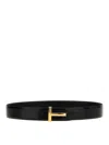 Tom Ford Black Calfskin Leather Belt With Gold T Buckle In Black