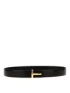 Tom Ford Black Calfskin Leather Belt With Gold T Buckle In Black