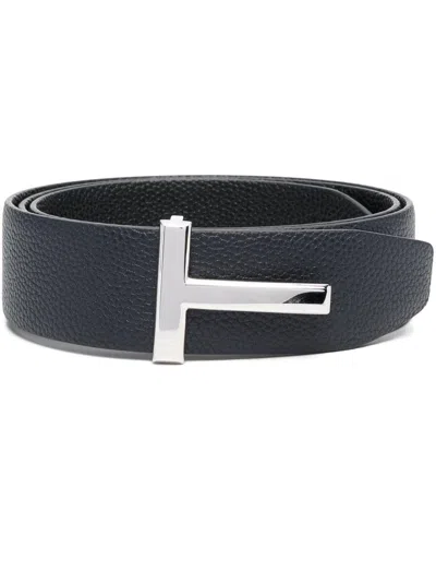 Tom Ford Textured Leather Belt With Distinctive Metallic Buckle In Blue
