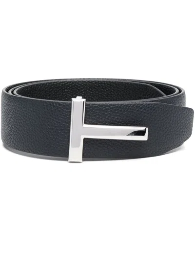 Tom Ford Textured Leather Belt With Distinctive Metallic Buckle In Blue