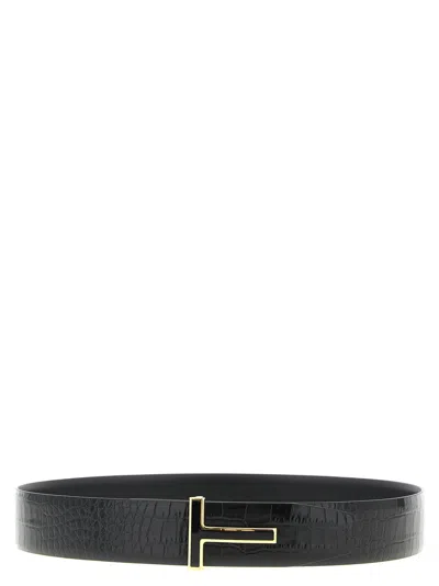 Tom Ford Reversible Crocodile-effect Leather Belt In Black