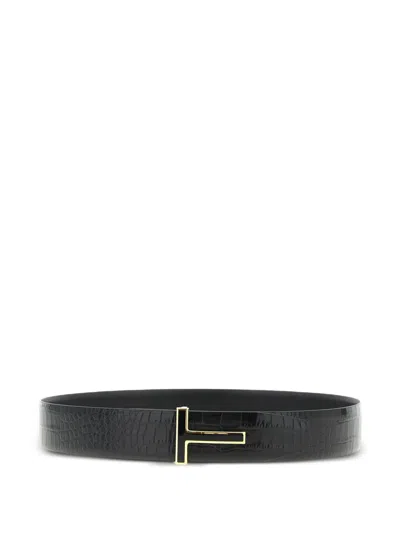 Tom Ford Reversible Crocodile-effect Logo Belt In Black