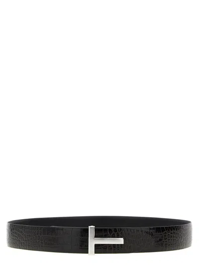 Tom Ford Reversible Crocodile-print Leather Belt In Black