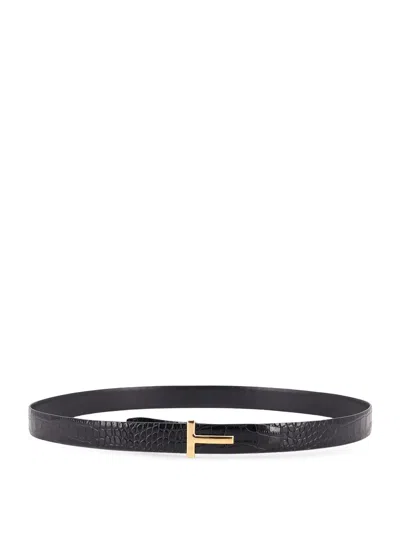 Tom Ford Reversible Leather Belt With Crocodile-print In Black