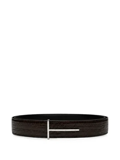 Tom Ford Reversible Lizard-embossed T-buckle Belt In Brown