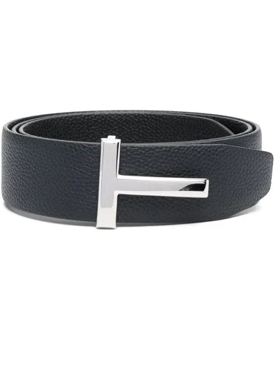 Tom Ford Textured Leather Belt With Distinctive Metallic Buckle In Blue