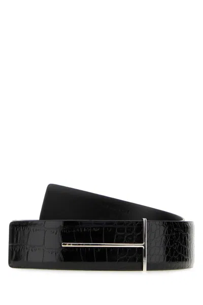 Tom Ford Reversible Slim Belt With Tumbled Soft Croc-print Finish In Black