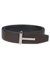 Tom Ford Leather Reversible T Icon Belt In Chocolate/black