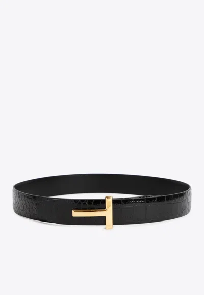 Tom Ford Reversible T-buckle Belt In Croc-embossed Leather In Black