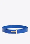 Tom Ford Reversible T-buckle Belt In Croc-embossed Leather In Blue
