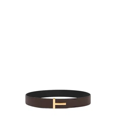 Tom Ford Reversible T  Logo Leather Belt In Black