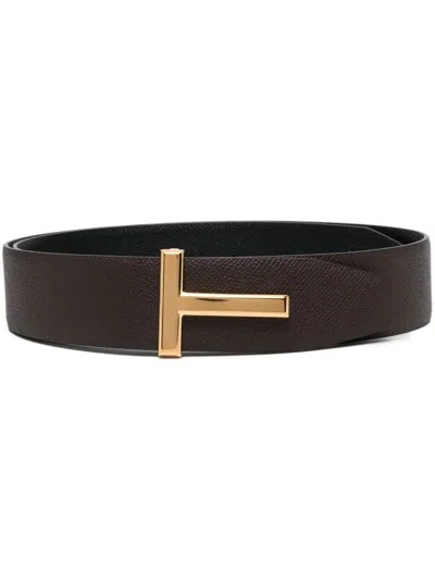 Tom Ford Reversible T Logo Leather Belt In Brown