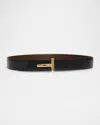 Tom Ford Reversible T-logo Leather Belt In Dark Khaki Black