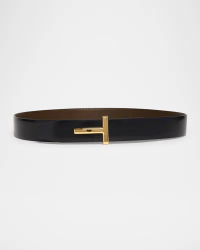 Tom Ford Reversible T-logo Leather Belt In Dark Khaki Black
