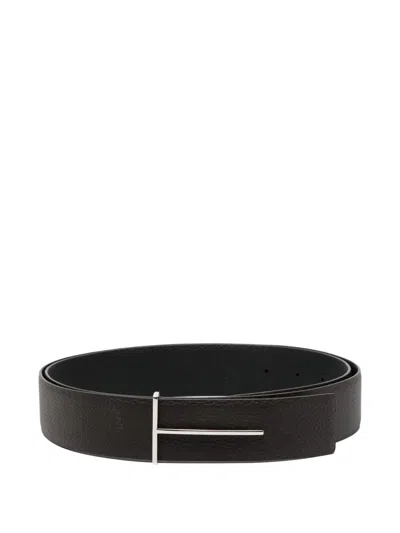 Tom Ford Dark Brown Reversible Textured Silver Buckle Belt In Burgundy