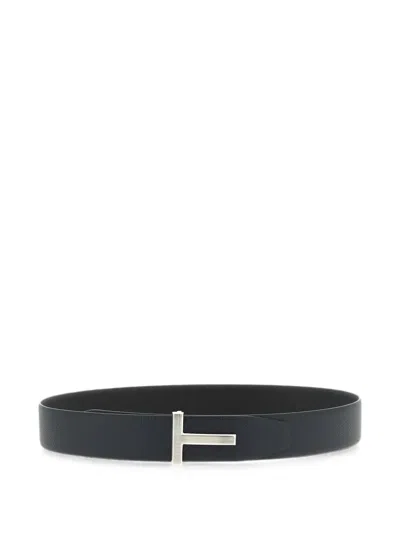 Tom Ford T Icon Narrow Textured Black Calf Leather Belt In Blue