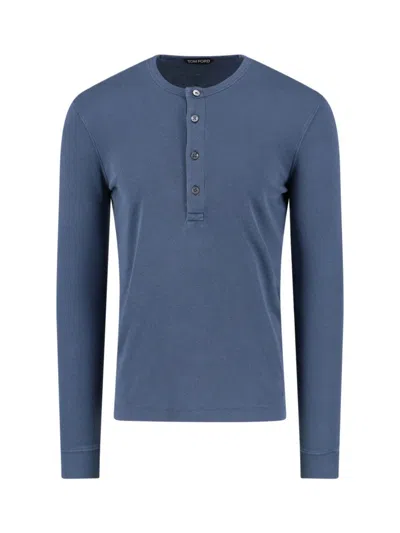 TOM FORD RIBBED BLUE HENLEY SHIRT WITH BUTTON CLOSURE AND DRAWSTRING DETAIL