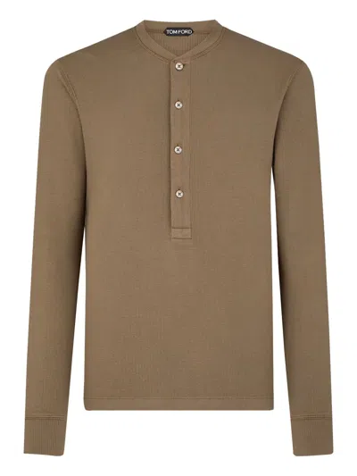 Tom Ford Ribbed Buttoned T-shirt In 褐色