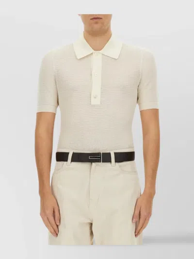 Tom Ford Ribbed Collar Polo Shirt In Cotton And Silk In White
