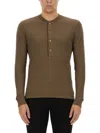 Tom Ford Henley T-shirt In Moss Green Modal Cotton With Mother-of-pearl Buttons In Brown