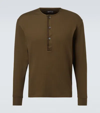 Tom Ford Ribbed-knit Cotton-blend Henley Shirt In Green