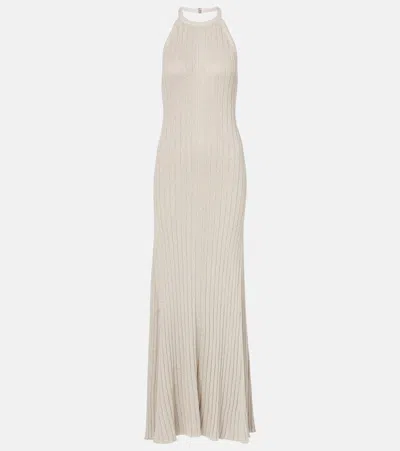 TOM FORD RIBBED-KNIT HALTERNECK LAMÉ MAXI DRESS