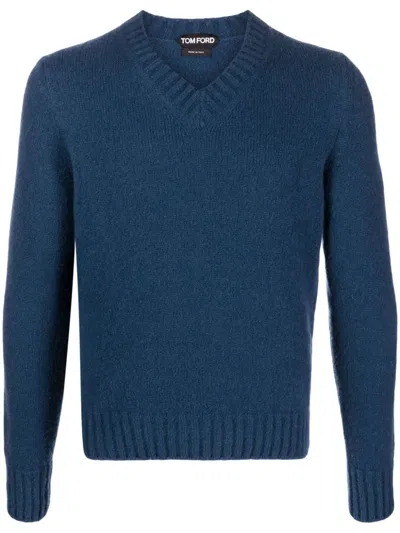 Tom Ford Ribbed-knit V-neck Jumper In Blue