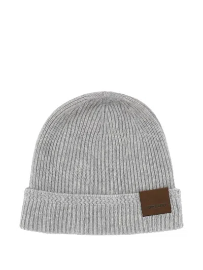 Tom Ford Ribbed Patch Beanie In Gray