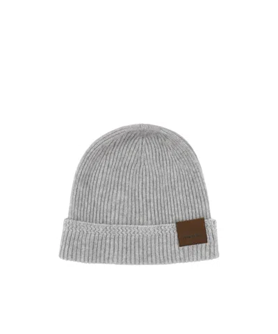 Tom Ford Ribbed Patch Beanie In Gray