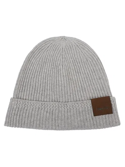 Tom Ford Ribbed Texture Cashmere Hat With Leather Patch Logo In Gold