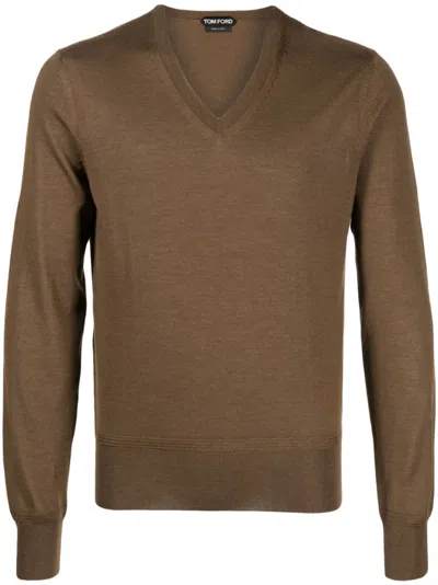Tom Ford Ribbed V-neck Jumper In Wood