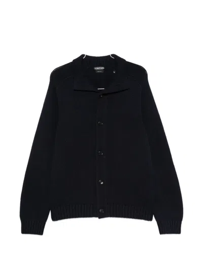 Tom Ford Ribbed-knit Shawl-collar Cardigan In Blue