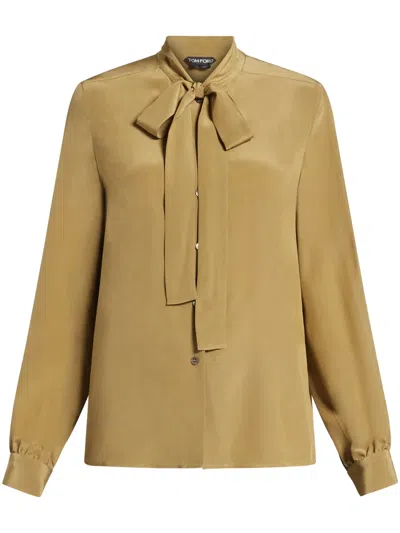 Tom Ford Ribbon Tie-neck Silk Blouse In Grün