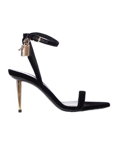 Tom Ford Velvet Sandal With Strap And Metallic Heel In Black