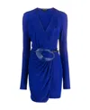 Tom Ford Plunging Leather-trim Microcosta Jersey Wrap Mini Dress In Blue