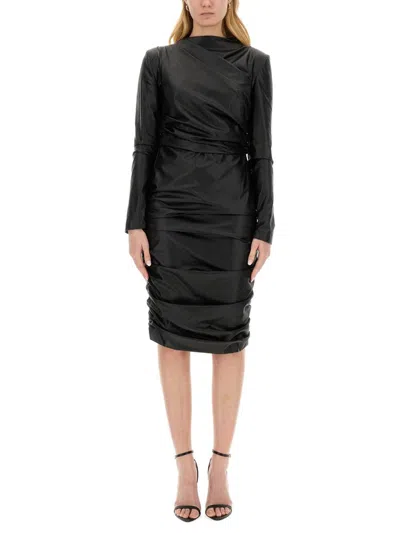 Tom Ford Ruched Leather Midi Dress In Black
