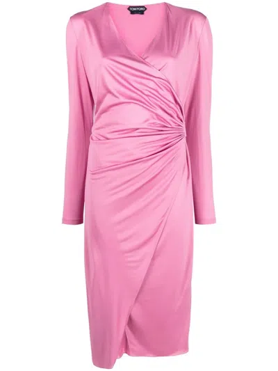 Tom Ford Draped Silk Jersey Corset Midi Wrap Dress In Pink