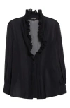 Tom Ford Ruffle Silk Georgette Tuxedo Shirt In Black