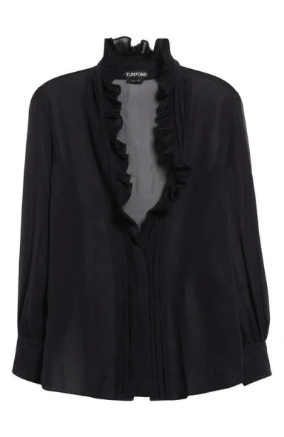 Tom Ford Ruffle Silk Georgette Tuxedo Shirt In Black