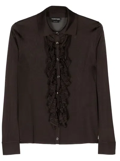 Tom Ford Ruffled Sheer Fabric Long Sleeves Top In Brown