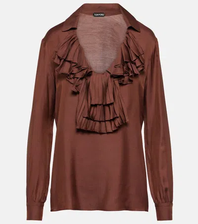 Tom Ford Ruffled Twill Blouse In Brown