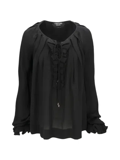 Tom Ford Ruffle-trimmed Lace-up Blouse In Black