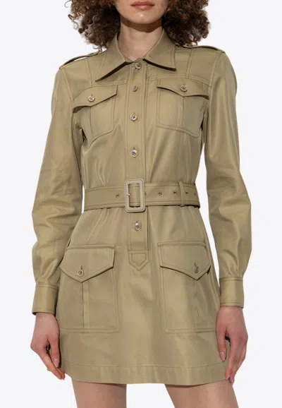 Tom Ford Belted Cotton And Silk-blend Twill Mini Dress In Green