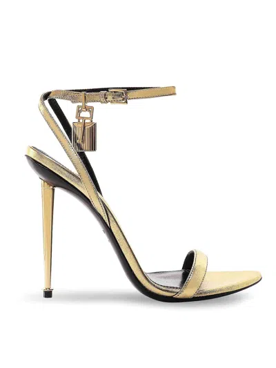 Tom Ford Pointed-toe Buckle Ankle Strap Sandals With Signature Metal Heel In Gold