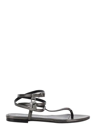 Tom Ford Metallic Low Sandal With Padlock In Leather Woman In Grey
