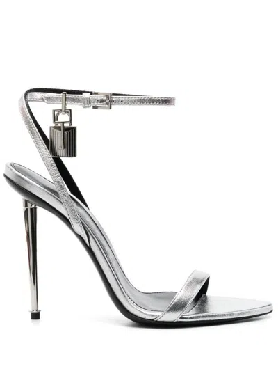 Tom Ford 105mm Padlock Metallic Leather Sandals In Silver