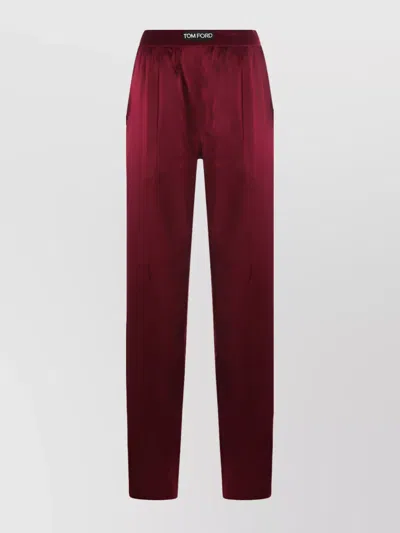 Tom Ford Satin Elastic Waistband Trousers In Burgundy