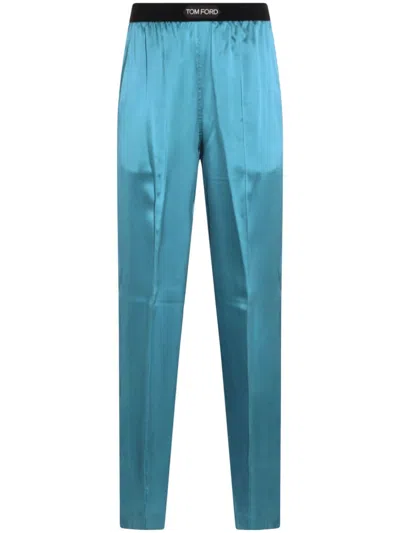 Tom Ford Silk Satin Relaxed Pijama Trousers Waistband In Blue