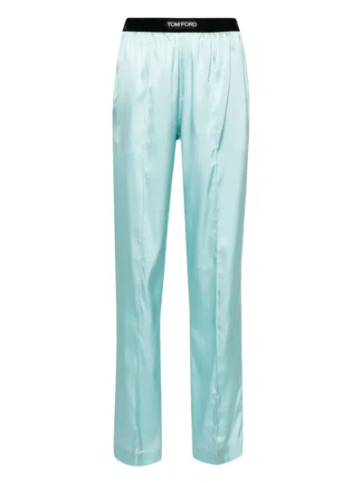 Tom Ford Silk Satin Relaxed Pijama Trousers Waistband In Blue